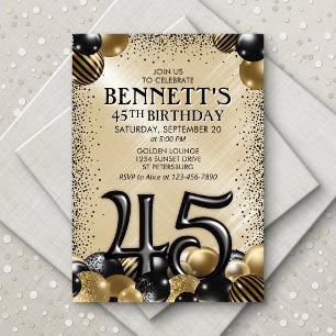 Invitation 45e Ballons Black Gold Anniversaire