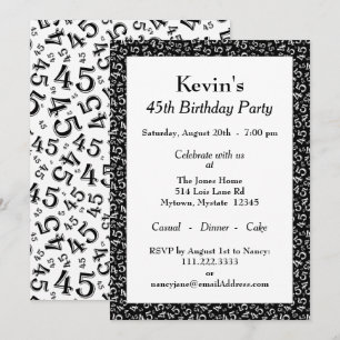 Invitation 45e fête d'anniversaire, noir/blanc Motif numériqu