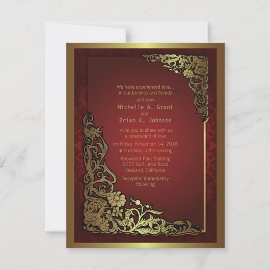 Invitation 4,25 x 5,5 pouces Damask Luxury Golden Red Wedding (Devant)