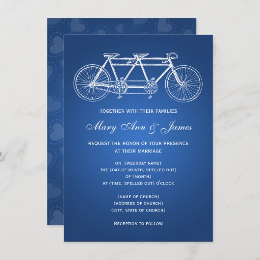 Invitation 4,5 x 6,25 Mariage simple Vélo Bleu Tandem (Devant / Derrière)