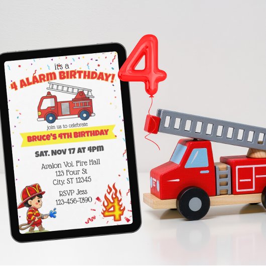 Invitation 4 Alarm Fire Fighter 4th Birthday