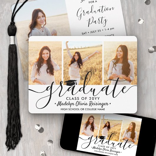 Invitation 4 Collage Photo Simple Moderne Script Graduation