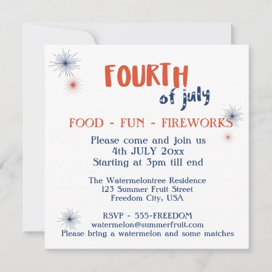 Invitation 4 juillet Amusement alimentaire Fun Feu d'artifice (Devant)