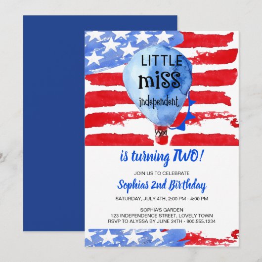 Invitation 4 juillet Anniversaire Indépendant de Little Miss (Devant / Derrière)