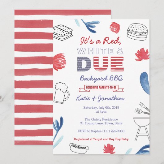 Invitation 4 juillet Baby shower rouge blanc Jardin BBQ (Devant / Derrière)