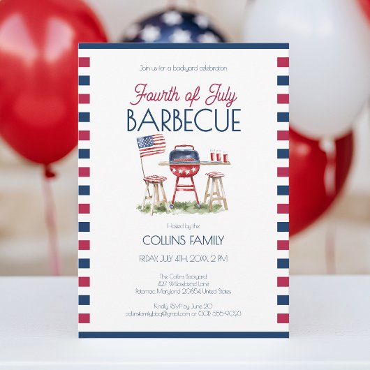 Invitation 4 juillet Barbecue Aquarelle Drapeau Fête d'été