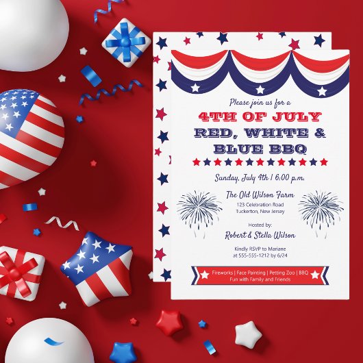 Invitation 4 juillet BBQ blanc et bleu rouge
