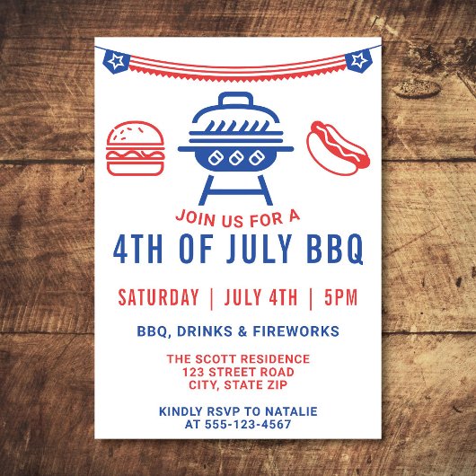 Invitation 4 juillet BBQ Burger Hotdog Cookout Moderne