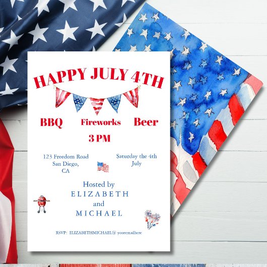 Invitation 4 juillet BBQ Red White Blue Stars