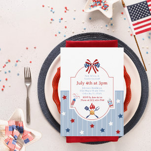 Invitation 4 juillet BBQ Rouge Blanc Bleu Rayures Patriotique