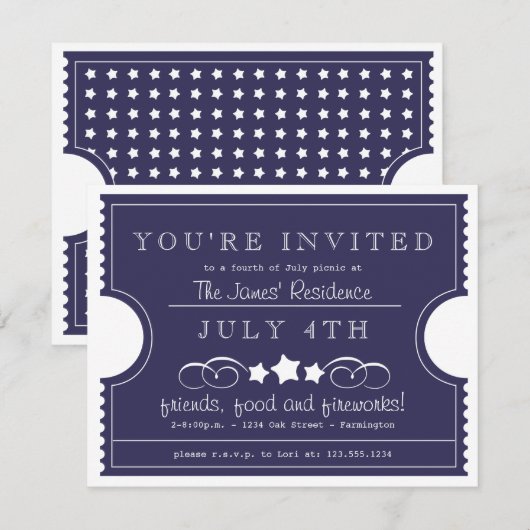 Invitation 4 juillet Billet (Devant / Derrière)