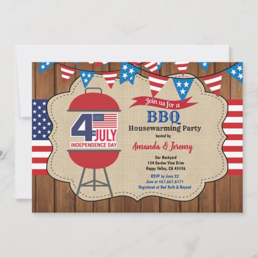 Invitation 4 juillet bois rustique de BBQ de partie de (Devant)