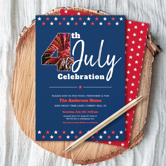 Invitation 4 juillet Bold Patriotique Fireworks Moderne USA