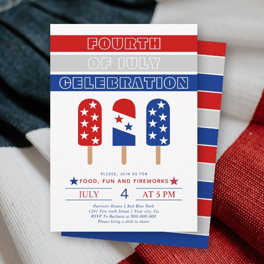 Invitation 4 juillet célébration bleu, rouge, blanc glace pop