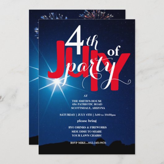 Invitation 4 juillet Étoiles de fête et feux d'artifice Invit (Devant / Derrière)