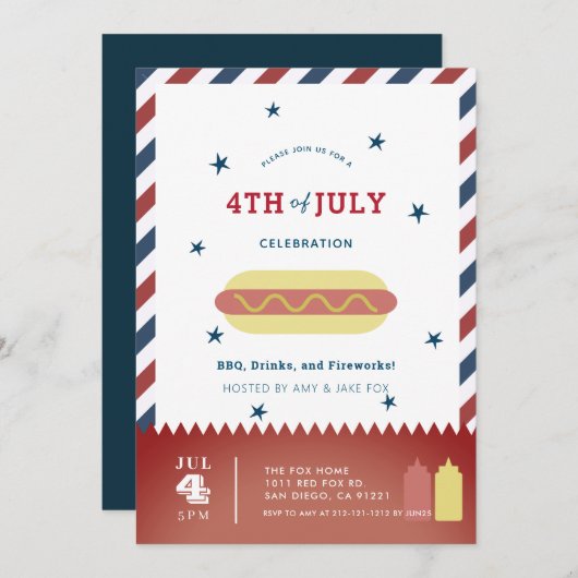 Invitation 4 juillet Étoiles et rayures Hot Dog BBQ (Devant / Derrière)