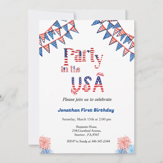Invitation 4 juillet fête aux USA rouge blanc & bleu (Devant)