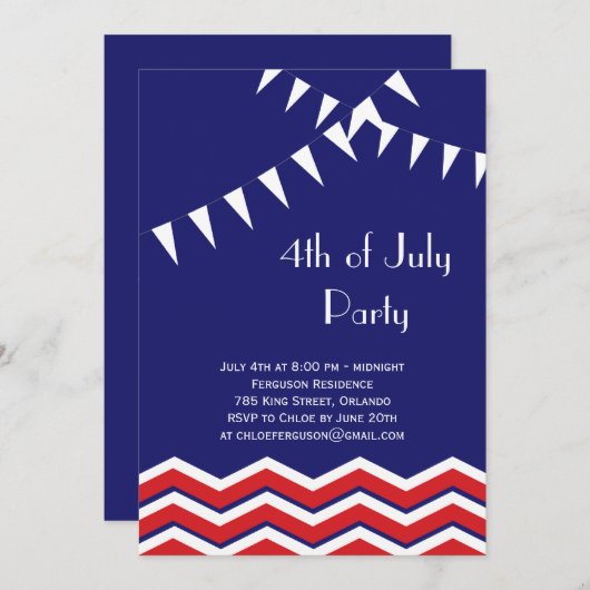 Invitation 4 juillet fête avec Chevrons et drapeau (Devant / Derrière)