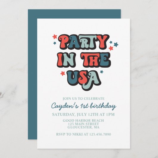 Invitation 4 juillet Fête d'anniversaire aux Etats-Unis (Devant / Derrière)