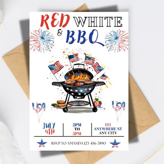 Invitation 4 juillet Fête ÉDITABLE, Blanc Rouge