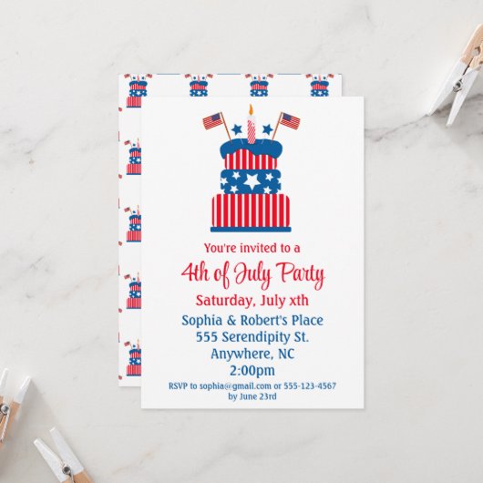 Invitation 4 juillet Fête Gâteau rouge blanc et bleu (Devant/Arrière en situation)