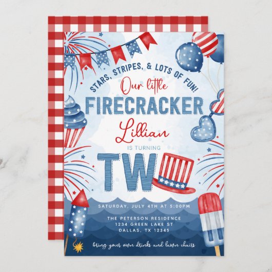 Invitation 4 juillet Feu d'artifice 2ème fête d'anniversaire (Devant / Derrière)