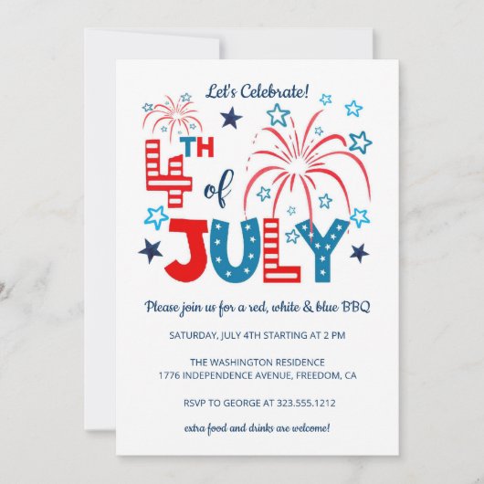 Invitation 4 juillet Feu d'artifice, Étoiles & Grilles (Devant)