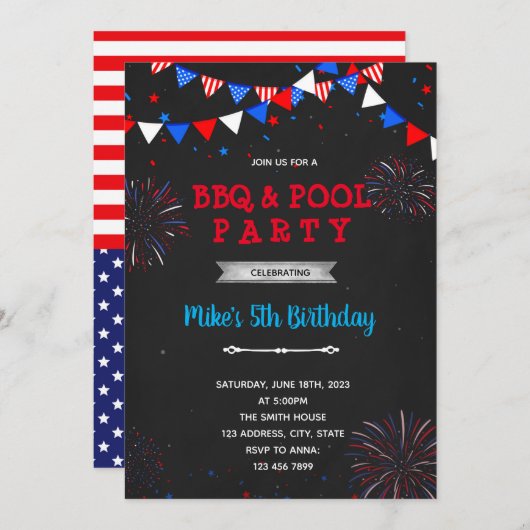 Invitation 4 juillet feu d'artifice un anniversaire (Devant / Derrière)