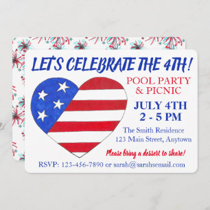 Invitation 4 juillet Flag Heart Fireworks Patriotique USA Par