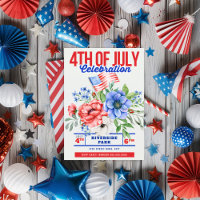 Invitation 4 juillet Floral Rouge Blanc et Bleu