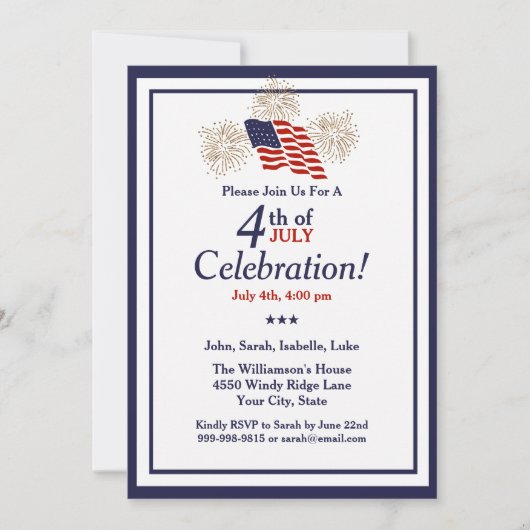 Invitation 4 juillet Party USA Drapeau Gold Fireworks Classic (Devant)