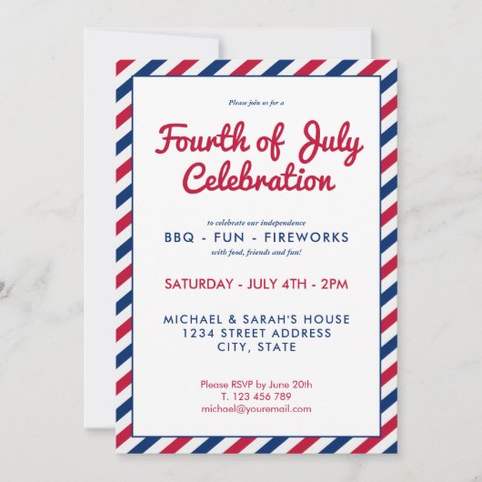 Invitation 4 juillet Red White and Blue Stripes (Devant)
