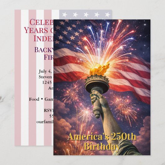 Invitation 4 juillet Torche de la Liberté Feux d'Artifice USA (Devant / Derrière)