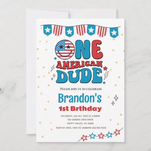 Invitation 4 juillet Un Américain Dude Boy 1er Anniversaire (Devant)