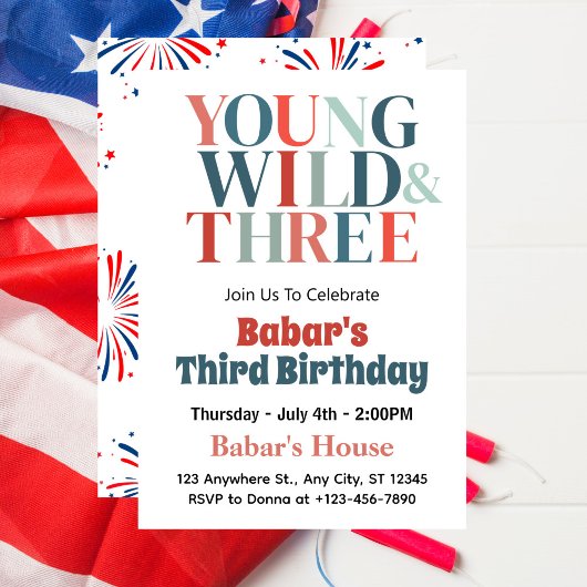 Invitation 4 juillet Young Wild et Three Boy 3e anniversaire