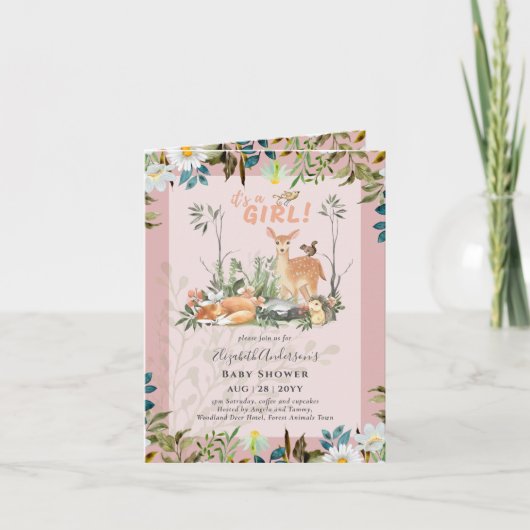 Invitation 4 page FILLES adorables Baby shower de cerfs de bo (Devant)