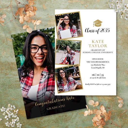 Invitation 4 Photo Black And Gold Graduation Party