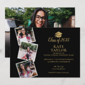 Invitation 4 Photo Collage Black And Gold Graduation Party (Devant / Derrière)