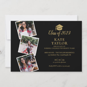 Invitation 4 Photo Collage Black And Gold Graduation Party in