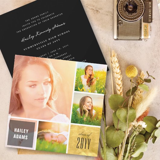 Invitation 4 Photo Collage Foil Carré Chic Graduation Party