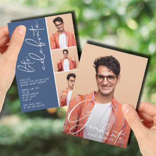 Invitation 4 Photo Collage Graduation Bleu