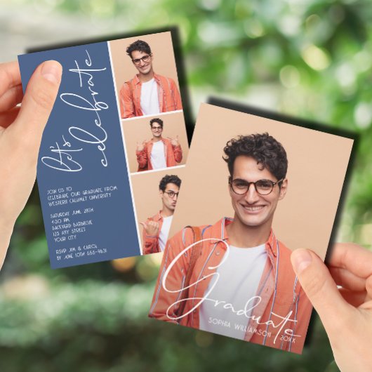 Invitation 4 Photo Collage Graduation Bleu