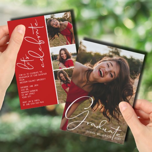 Invitation 4 Photo Collage Graduation Scarlet Red