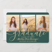 Invitation 4 Photo Collage Script Green Gold Graduation Party (Devant)