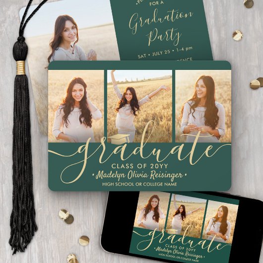 Invitation 4 Photo Collage Script Green Gold Graduation Party