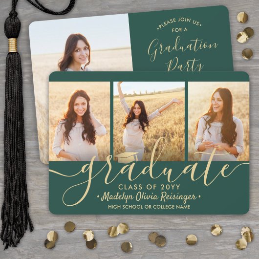 Invitation 4 Photo Collage Script Green Gold Graduation Party