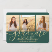 Invitation 4 Photo Collage Script Green Gold Graduation Party (Devant)