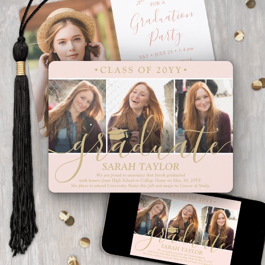 Invitation 4 Photo Graduation Party Blush Pink & Gold Script