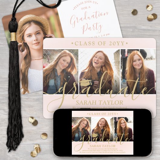 Invitation 4 Photo Graduation Party Blush Pink & Gold Script