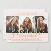 Invitation 4 Photo Graduation Party Blush Pink & Gold Script (Devant)
